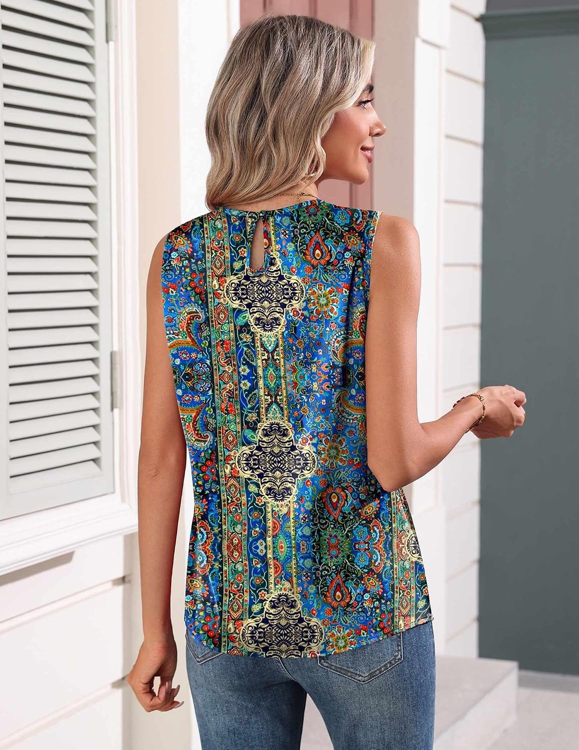 image:imageZeagoo Womens Silk Satin Tank Tops Crew Neck Pleated Camisole Sleeveless Business Work Blouse Dressy Casual Summer ShirtBlue Flower