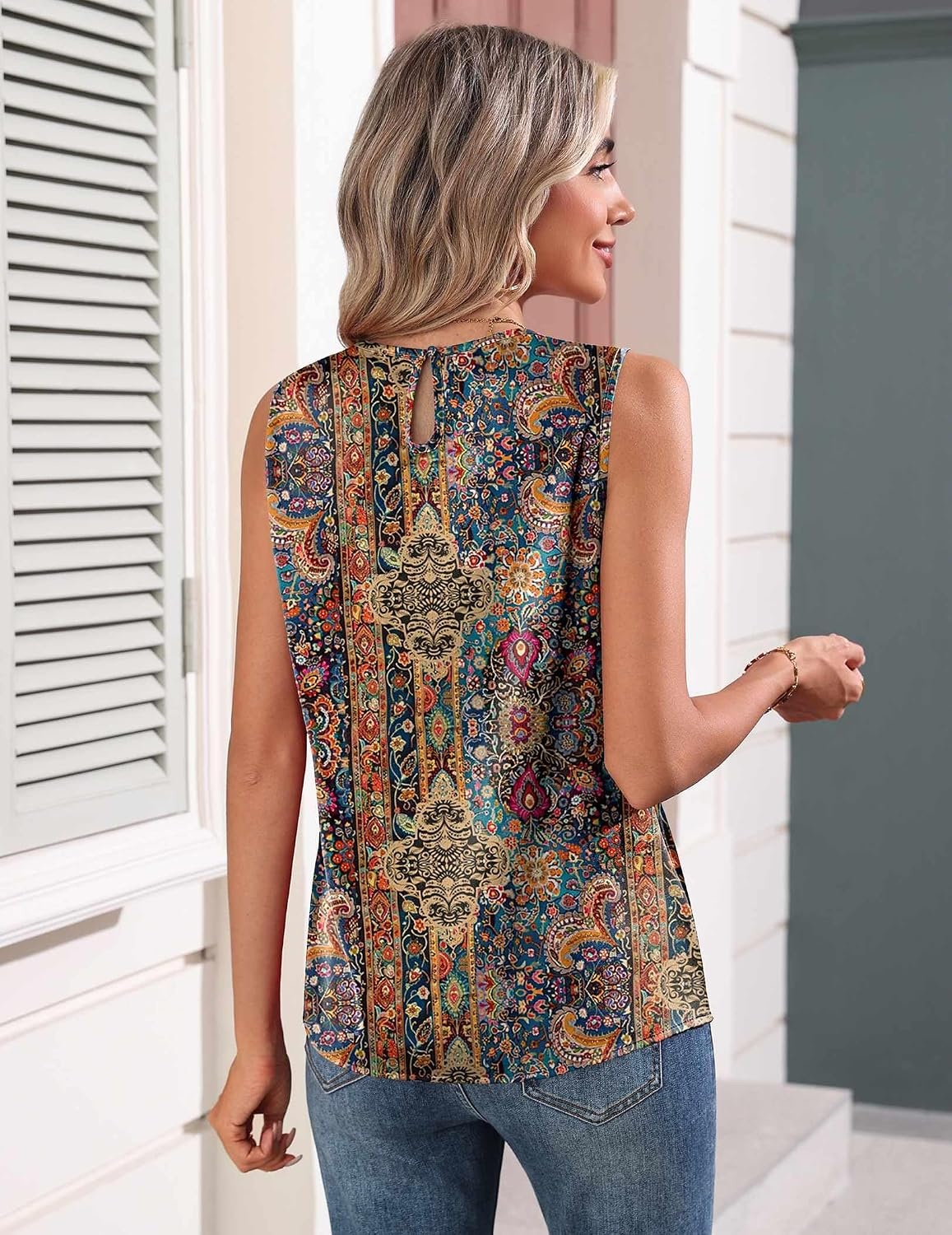 image:imageZeagoo Womens Silk Satin Tank Tops Crew Neck Pleated Camisole Sleeveless Business Work Blouse Dressy Casual Summer ShirtBoho Print