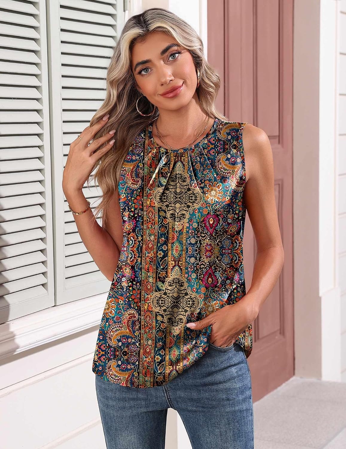 image:imageZeagoo Womens Silk Satin Tank Tops Crew Neck Pleated Camisole Sleeveless Business Work Blouse Dressy Casual Summer ShirtBoho Print