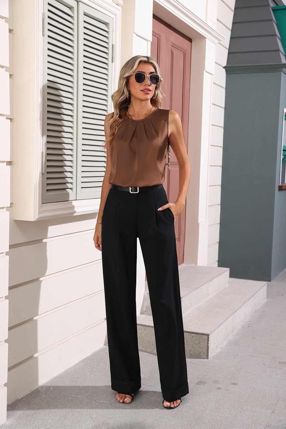 image:imageZeagoo Womens Silk Satin Tank Tops Crew Neck Pleated Camisole Sleeveless Business Work Blouse Dressy Casual Summer ShirtBrown