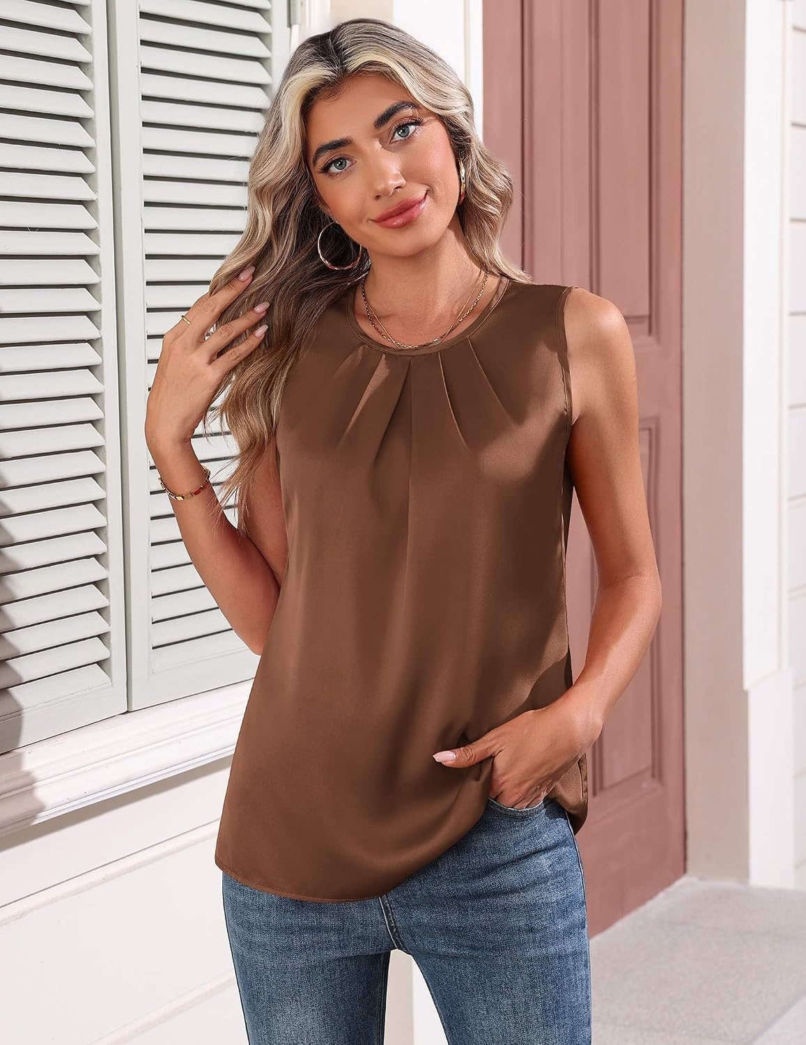 image:imageZeagoo Womens Silk Satin Tank Tops Crew Neck Pleated Camisole Sleeveless Business Work Blouse Dressy Casual Summer ShirtBrown