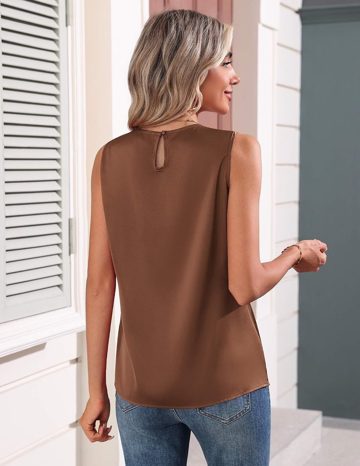 image:imageZeagoo Womens Silk Satin Tank Tops Crew Neck Pleated Camisole Sleeveless Business Work Blouse Dressy Casual Summer ShirtBrown