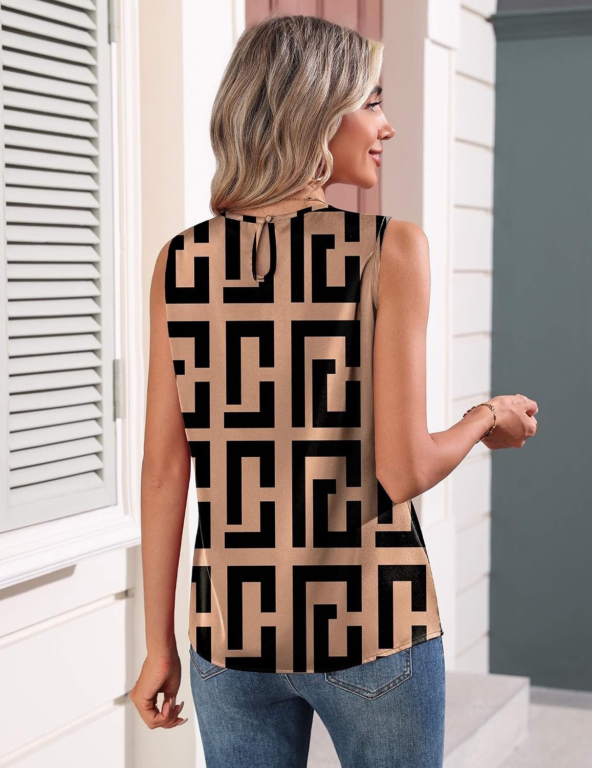 image:imageZeagoo Womens Silk Satin Tank Tops Crew Neck Pleated Camisole Sleeveless Business Work Blouse Dressy Casual Summer ShirtBrown Black Print
