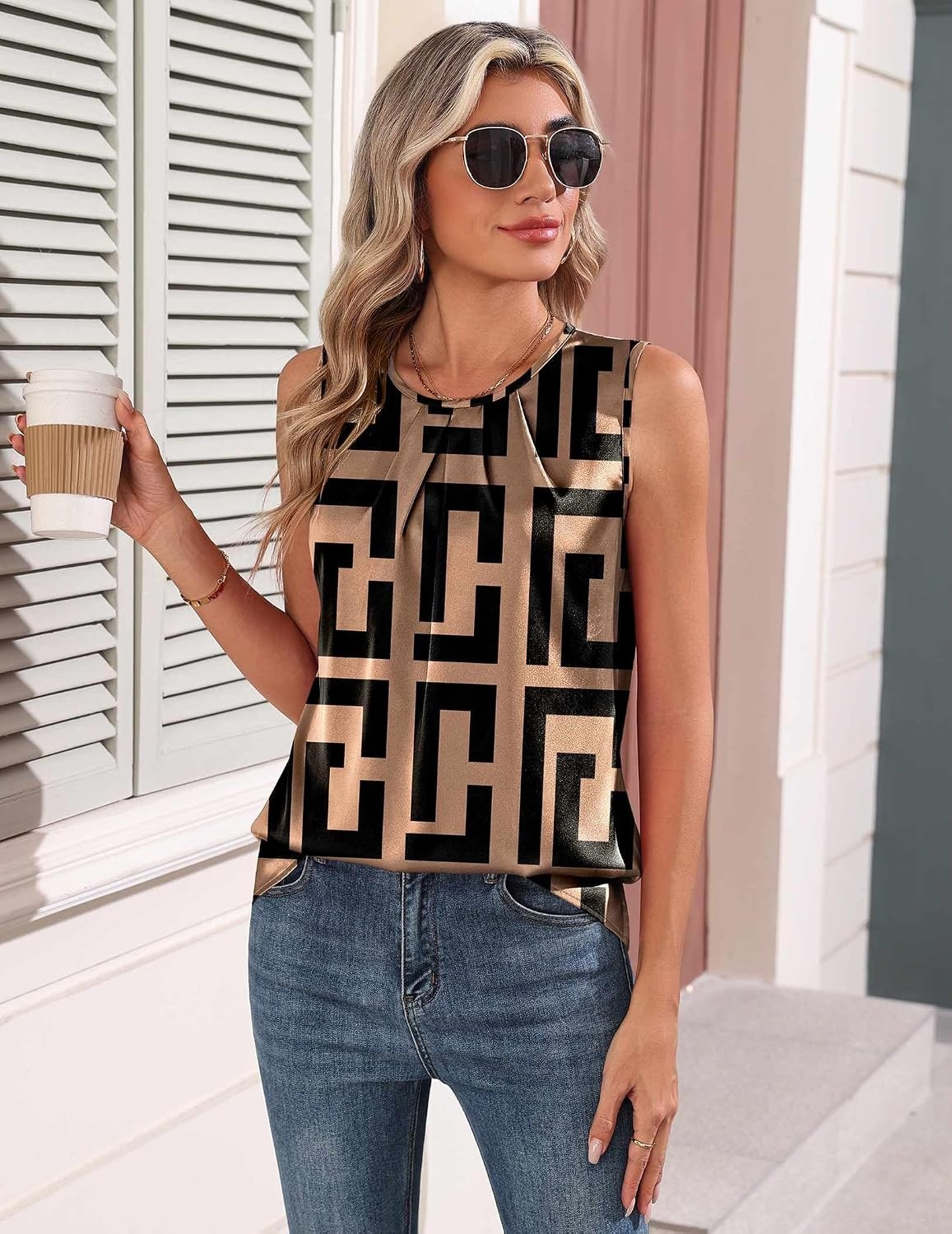 image:imageZeagoo Womens Silk Satin Tank Tops Crew Neck Pleated Camisole Sleeveless Business Work Blouse Dressy Casual Summer ShirtBrown Black Print