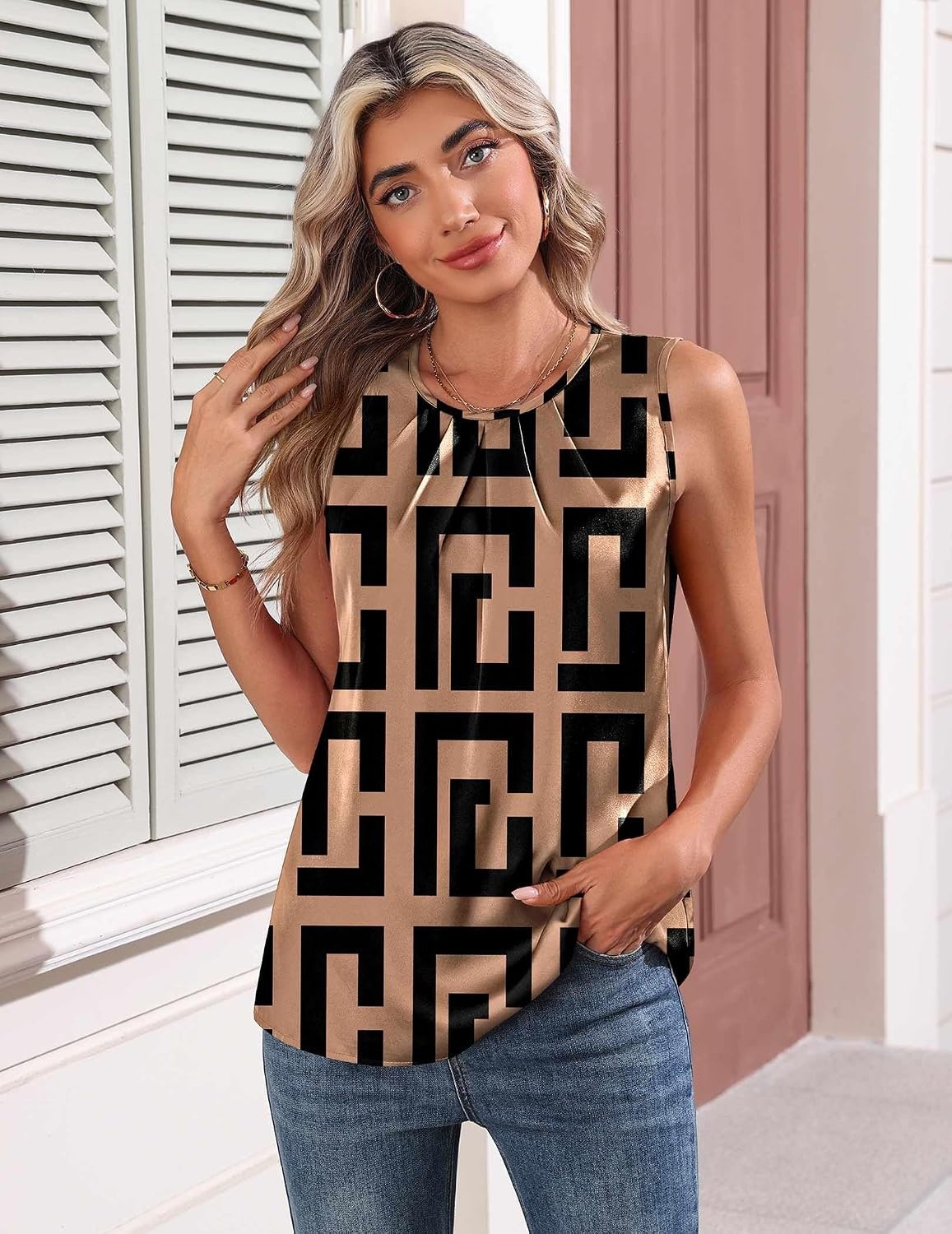 image:imageZeagoo Womens Silk Satin Tank Tops Crew Neck Pleated Camisole Sleeveless Business Work Blouse Dressy Casual Summer ShirtBrown Black Print