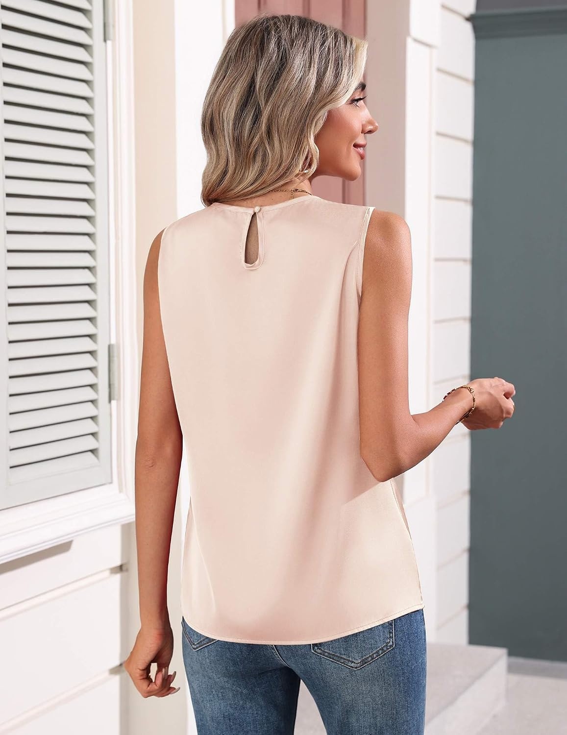image:imageZeagoo Womens Silk Satin Tank Tops Crew Neck Pleated Camisole Sleeveless Business Work Blouse Dressy Casual Summer ShirtKhaki