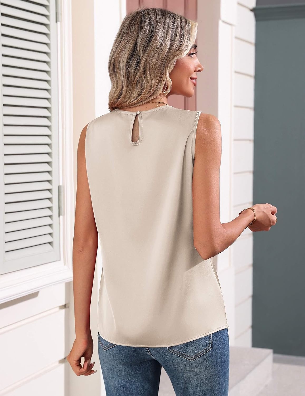 image:imageZeagoo Womens Silk Satin Tank Tops Crew Neck Pleated Camisole Sleeveless Business Work Blouse Dressy Casual Summer ShirtLight Champagne