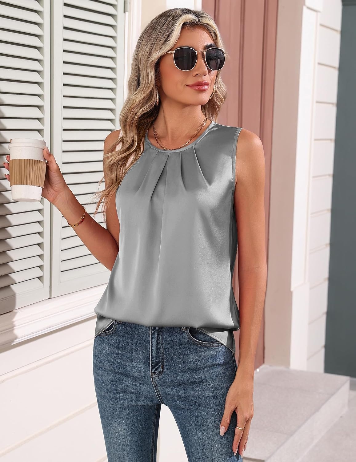image:imageZeagoo Womens Silk Satin Tank Tops Crew Neck Pleated Camisole Sleeveless Business Work Blouse Dressy Casual Summer ShirtLight Grey