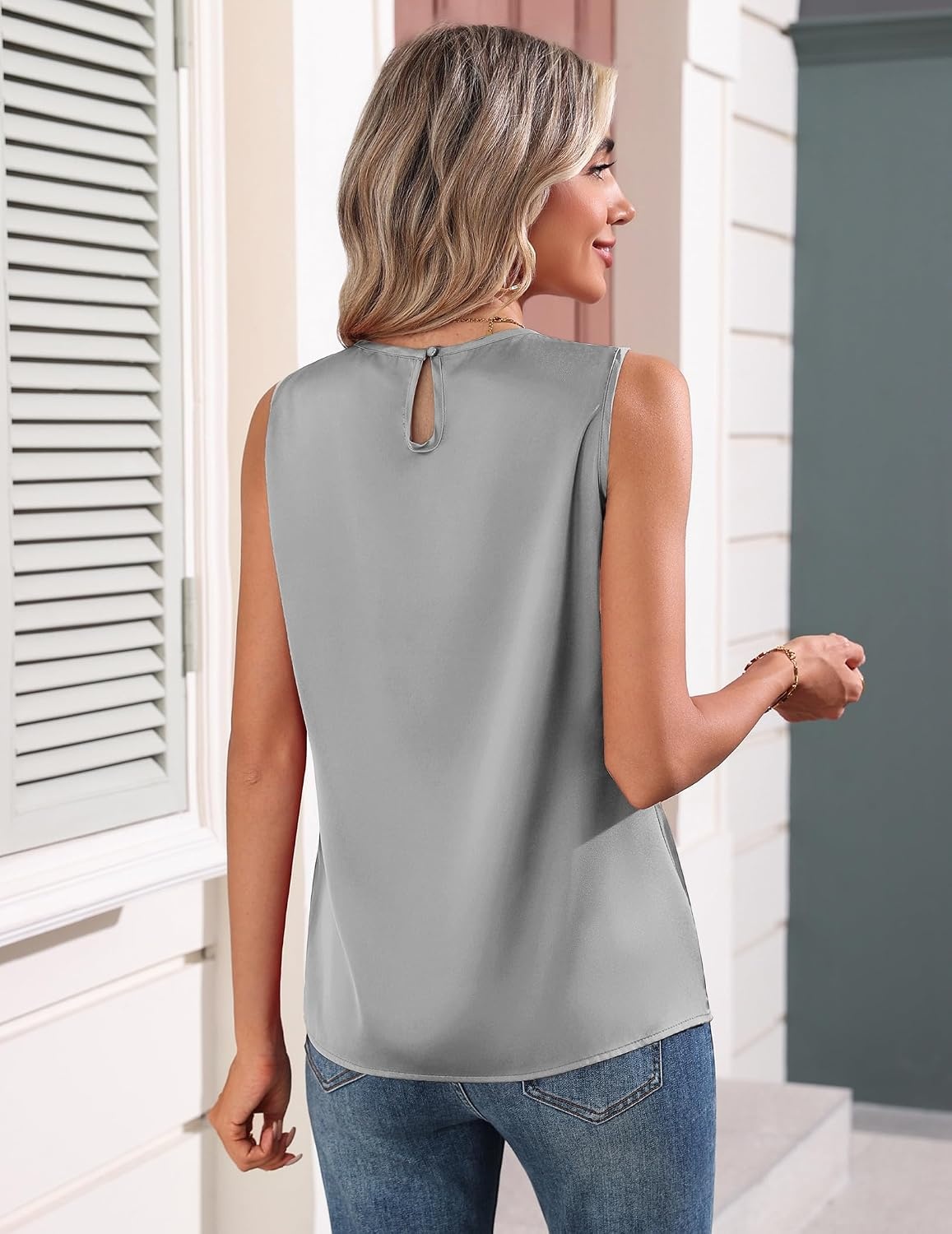 image:imageZeagoo Womens Silk Satin Tank Tops Crew Neck Pleated Camisole Sleeveless Business Work Blouse Dressy Casual Summer ShirtLight Grey