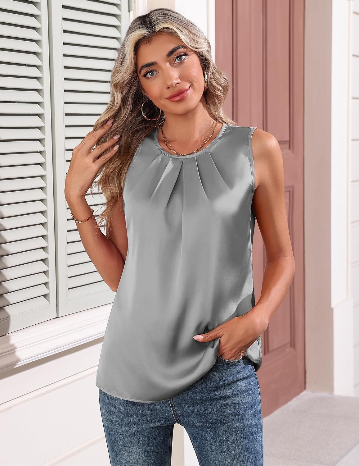 image:imageZeagoo Womens Silk Satin Tank Tops Crew Neck Pleated Camisole Sleeveless Business Work Blouse Dressy Casual Summer ShirtLight Grey