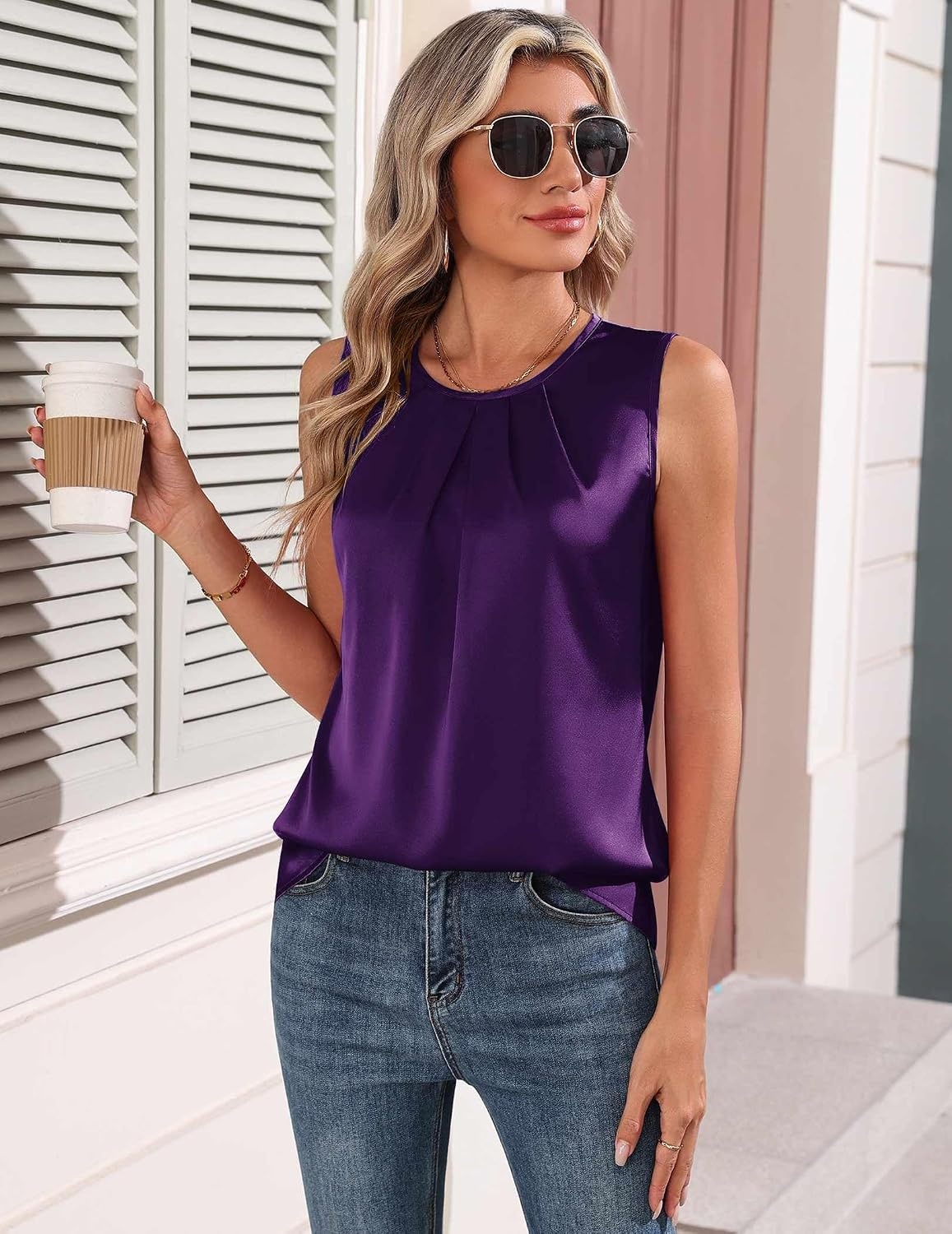 image:imageZeagoo Womens Silk Satin Tank Tops Crew Neck Pleated Camisole Sleeveless Business Work Blouse Dressy Casual Summer ShirtPurple