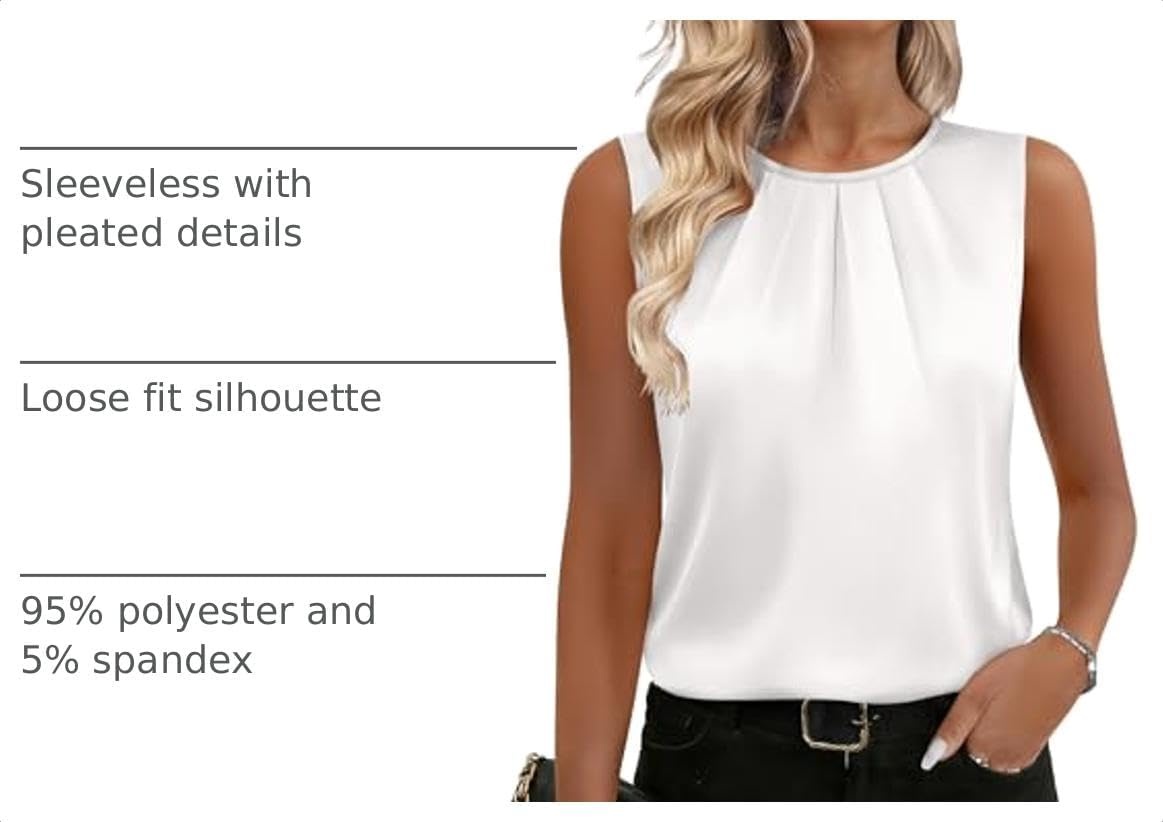 image:imageZeagoo Womens Silk Satin Tank Tops Crew Neck Pleated Camisole Sleeveless Business Work Blouse Dressy Casual Summer ShirtWhite