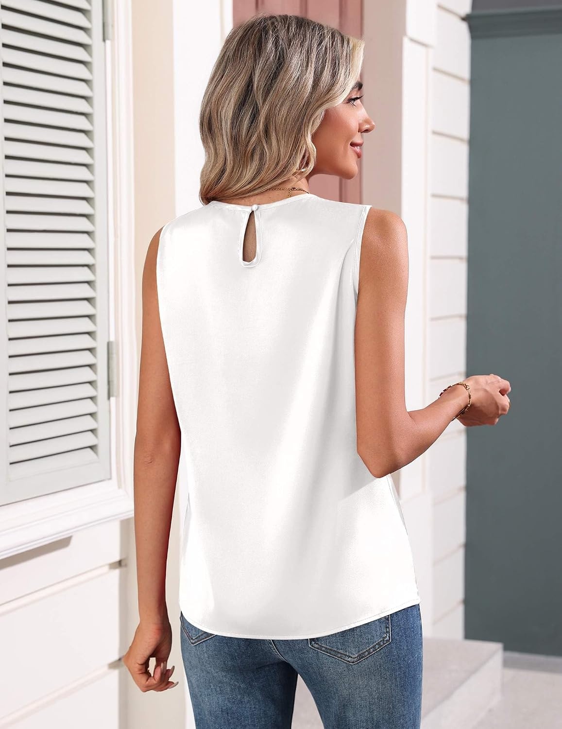 image:imageZeagoo Womens Silk Satin Tank Tops Crew Neck Pleated Camisole Sleeveless Business Work Blouse Dressy Casual Summer ShirtWhite