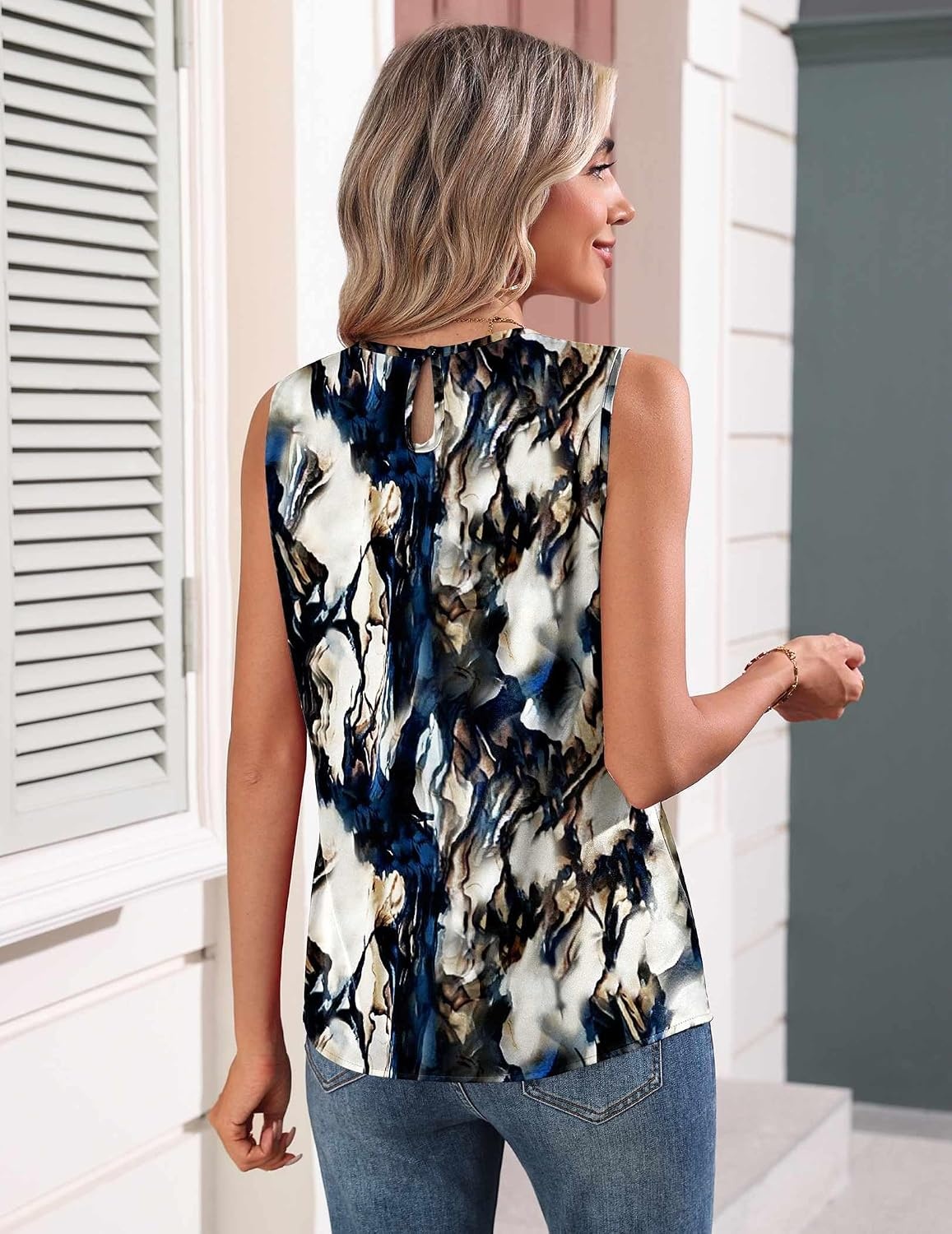 image:imageZeagoo Womens Silk Satin Tank Tops Crew Neck Pleated Camisole Sleeveless Business Work Blouse Dressy Casual Summer ShirtWhite Black Flower