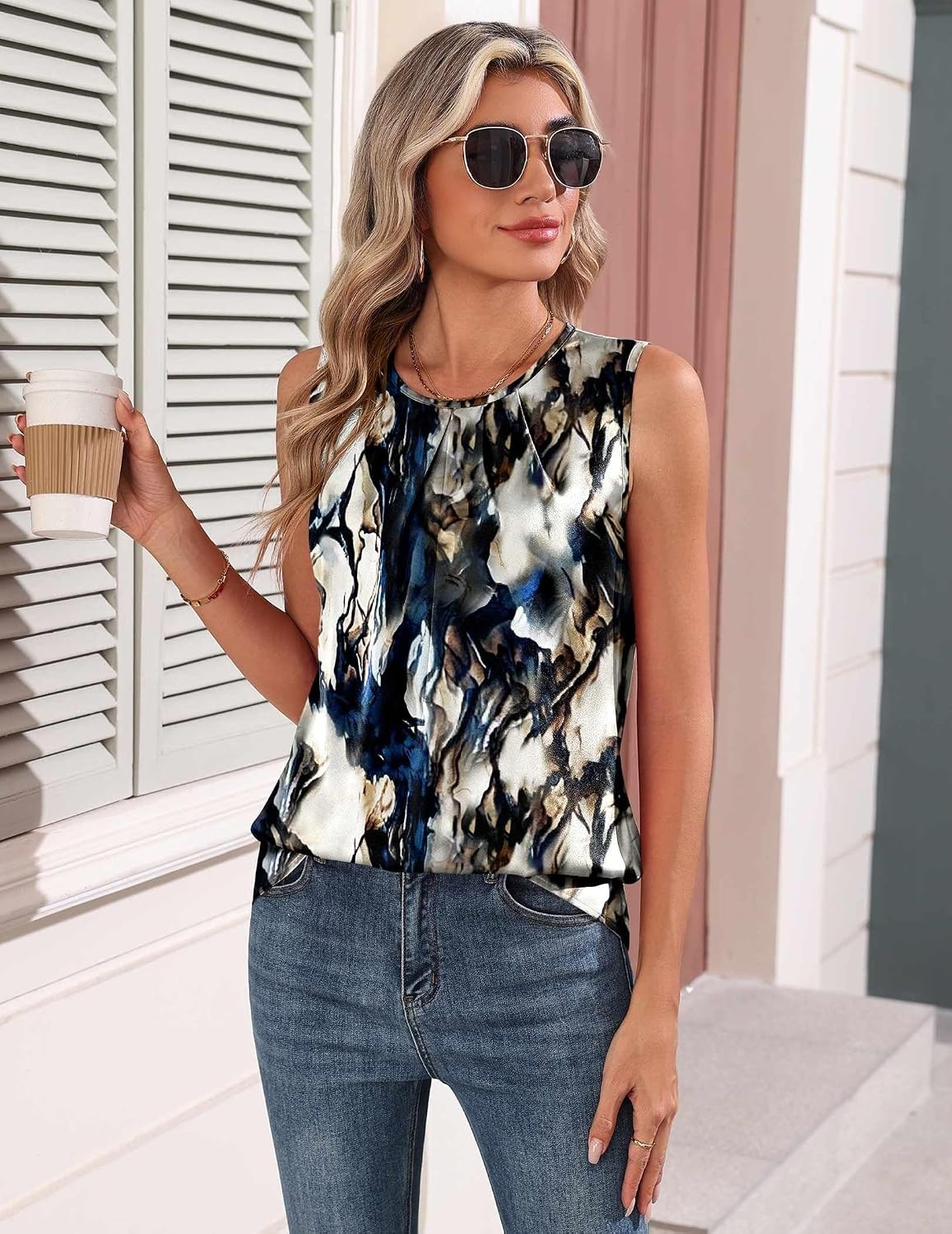 image:imageZeagoo Womens Silk Satin Tank Tops Crew Neck Pleated Camisole Sleeveless Business Work Blouse Dressy Casual Summer ShirtWhite Black Flower