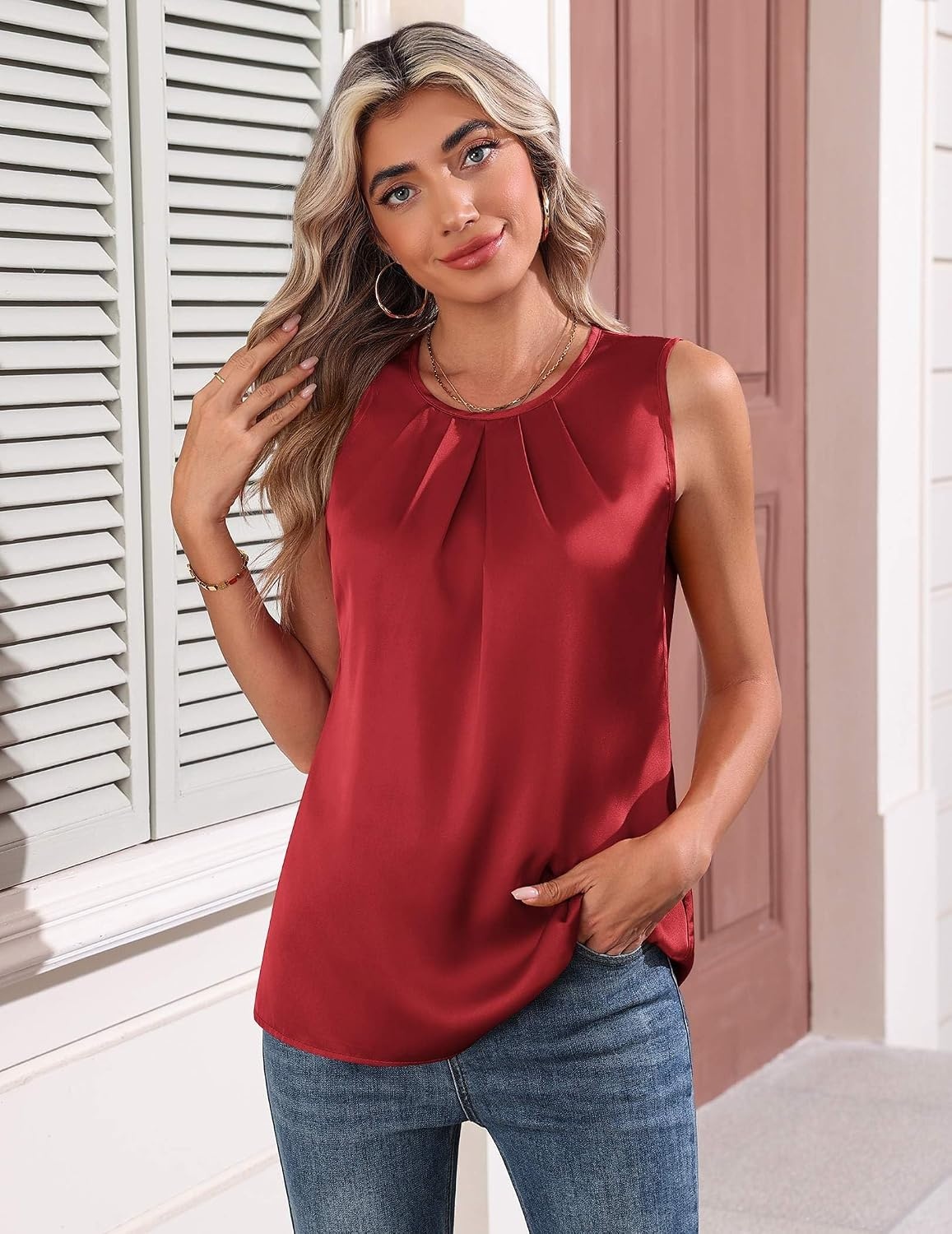 image:imageZeagoo Womens Silk Satin Tank Tops Crew Neck Pleated Camisole Sleeveless Business Work Blouse Dressy Casual Summer ShirtWine Red