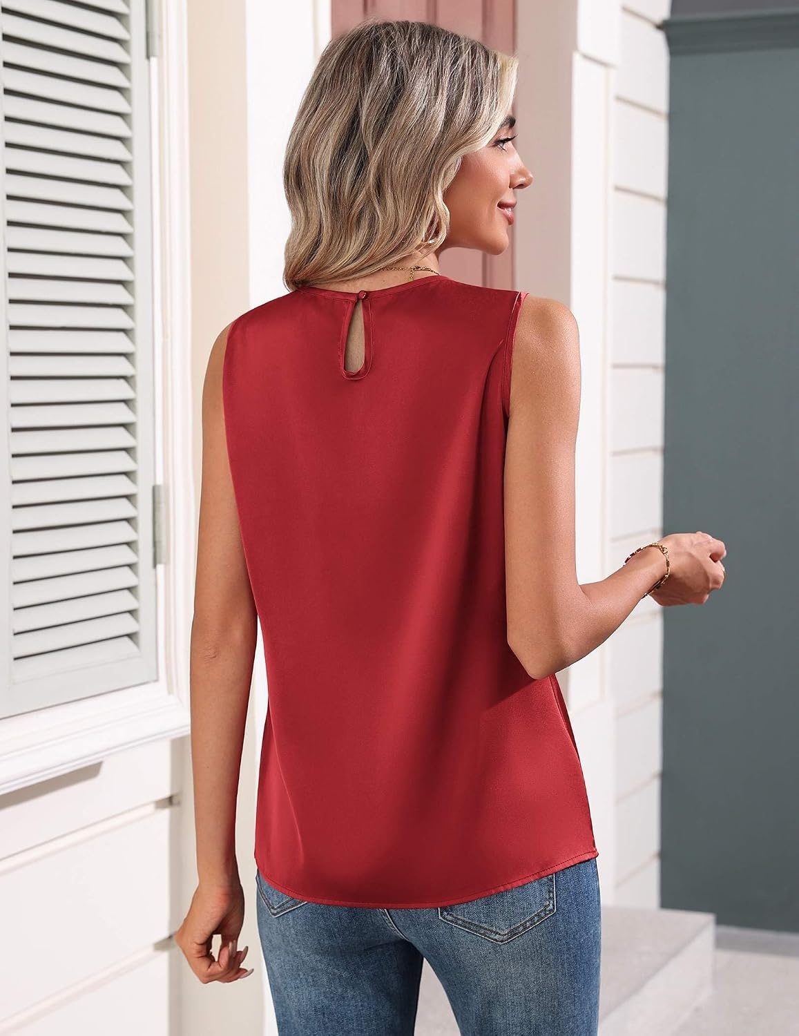 image:imageZeagoo Womens Silk Satin Tank Tops Crew Neck Pleated Camisole Sleeveless Business Work Blouse Dressy Casual Summer ShirtWine Red