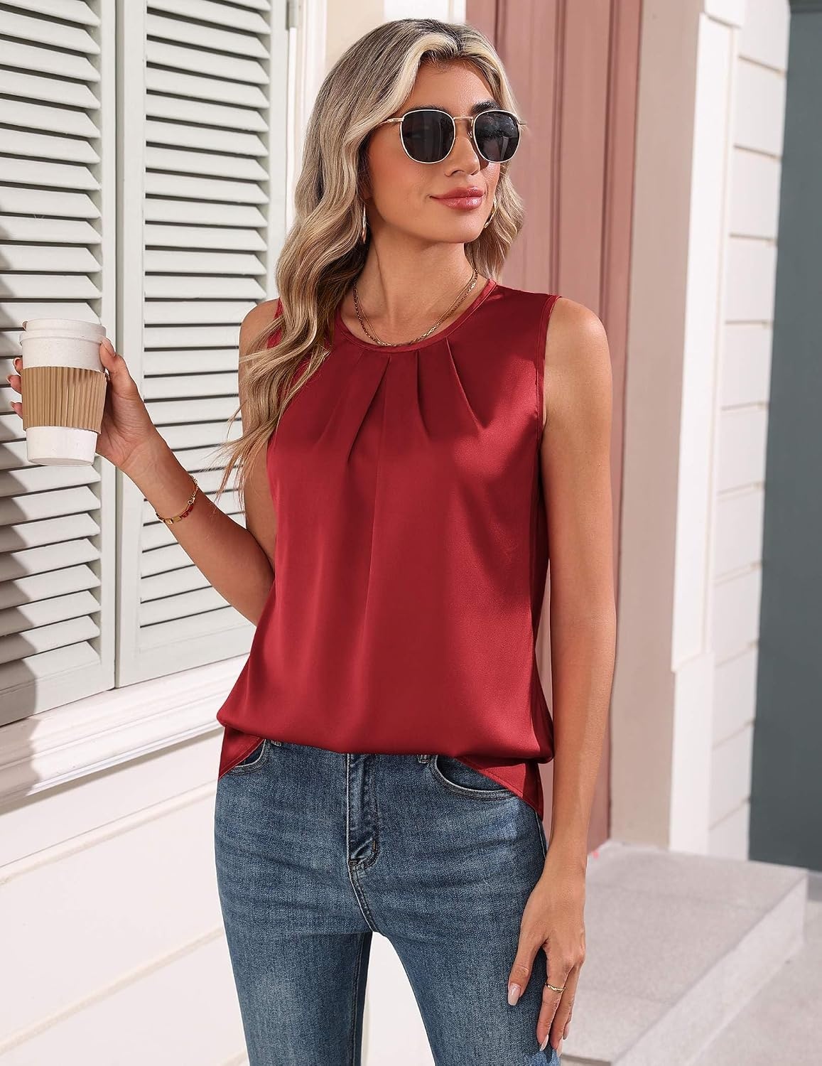 image:imageZeagoo Womens Silk Satin Tank Tops Crew Neck Pleated Camisole Sleeveless Business Work Blouse Dressy Casual Summer ShirtWine Red
