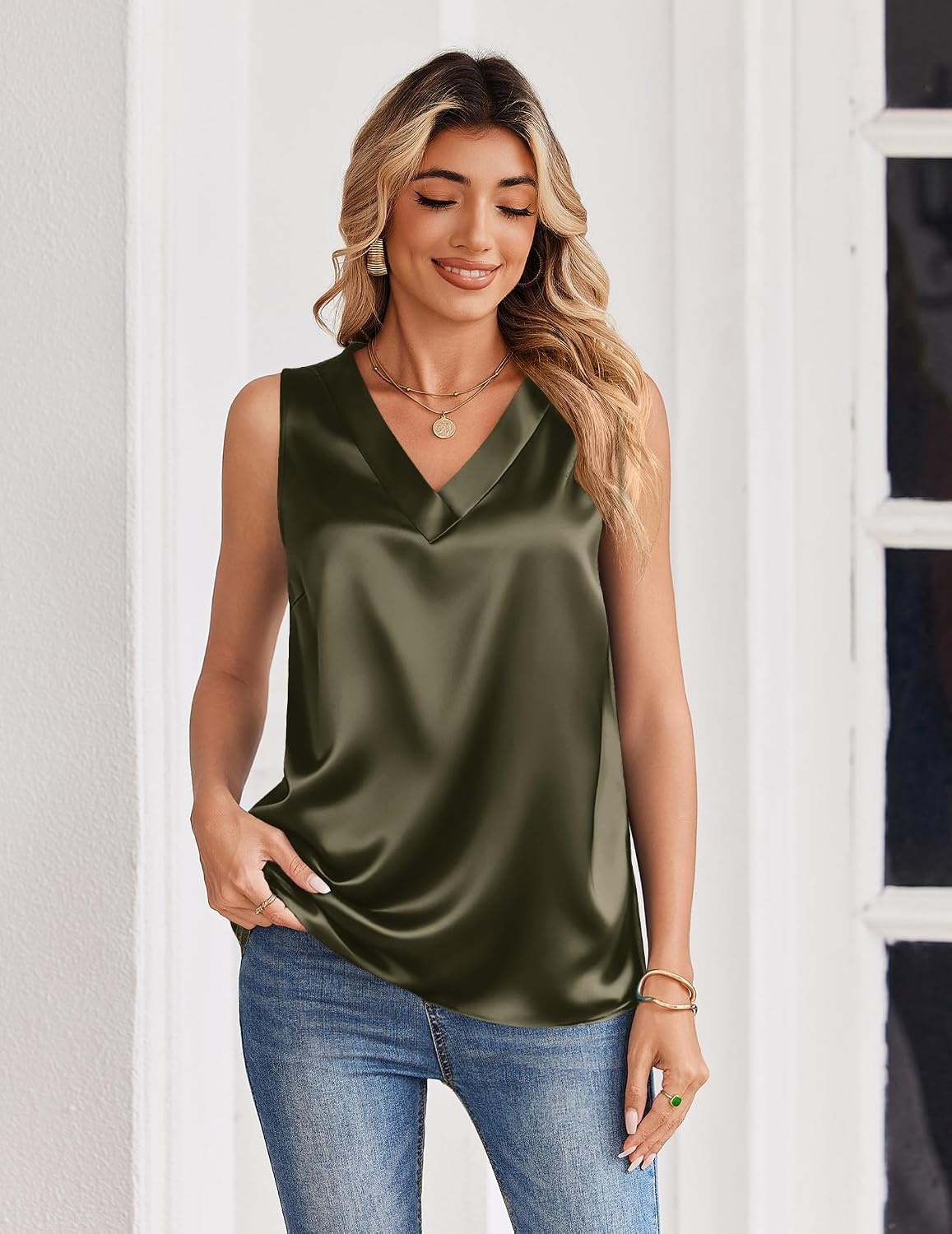 image:imageZeagoo Womens Silk Satin Tank Tops V Neck Camisoles Sleeveless BlousesArmy Green