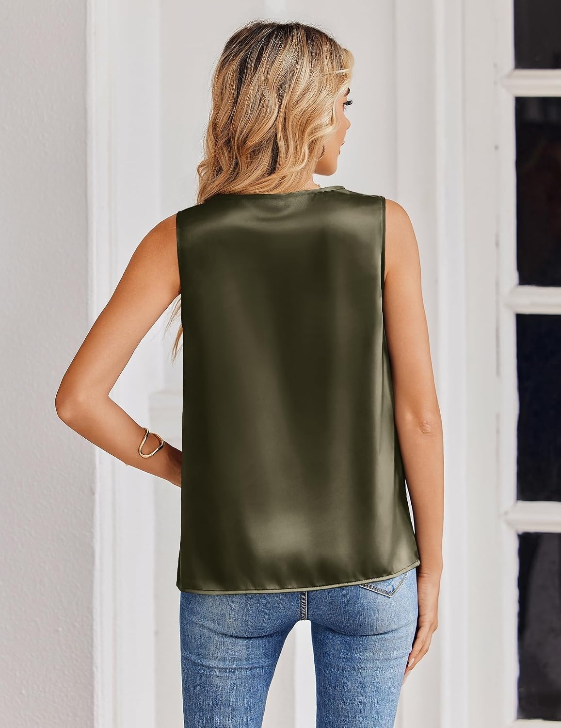 image:imageZeagoo Womens Silk Satin Tank Tops V Neck Camisoles Sleeveless BlousesArmy Green