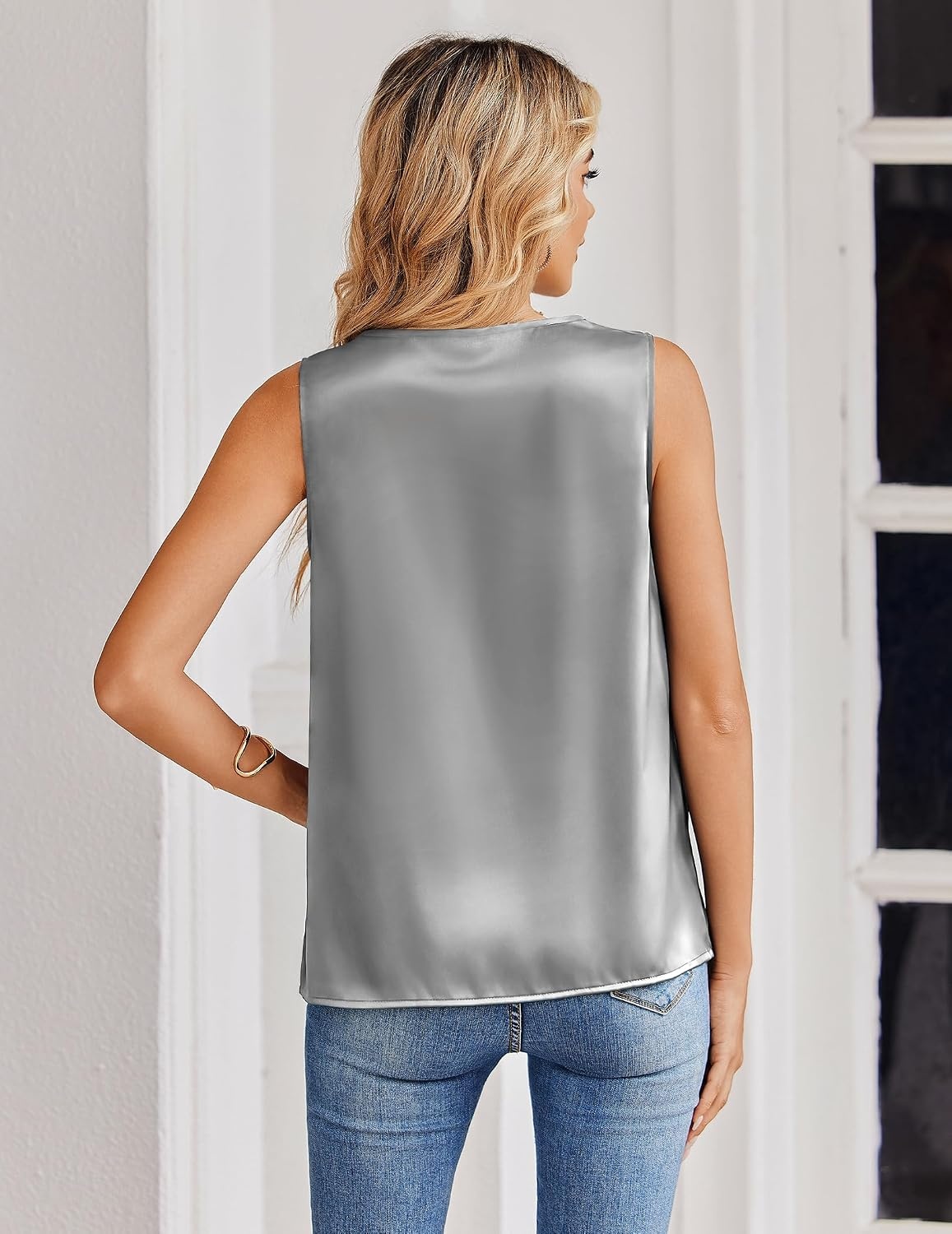 image:imageZeagoo Womens Silk Satin Tank Tops V Neck Camisoles Sleeveless BlousesGrey
