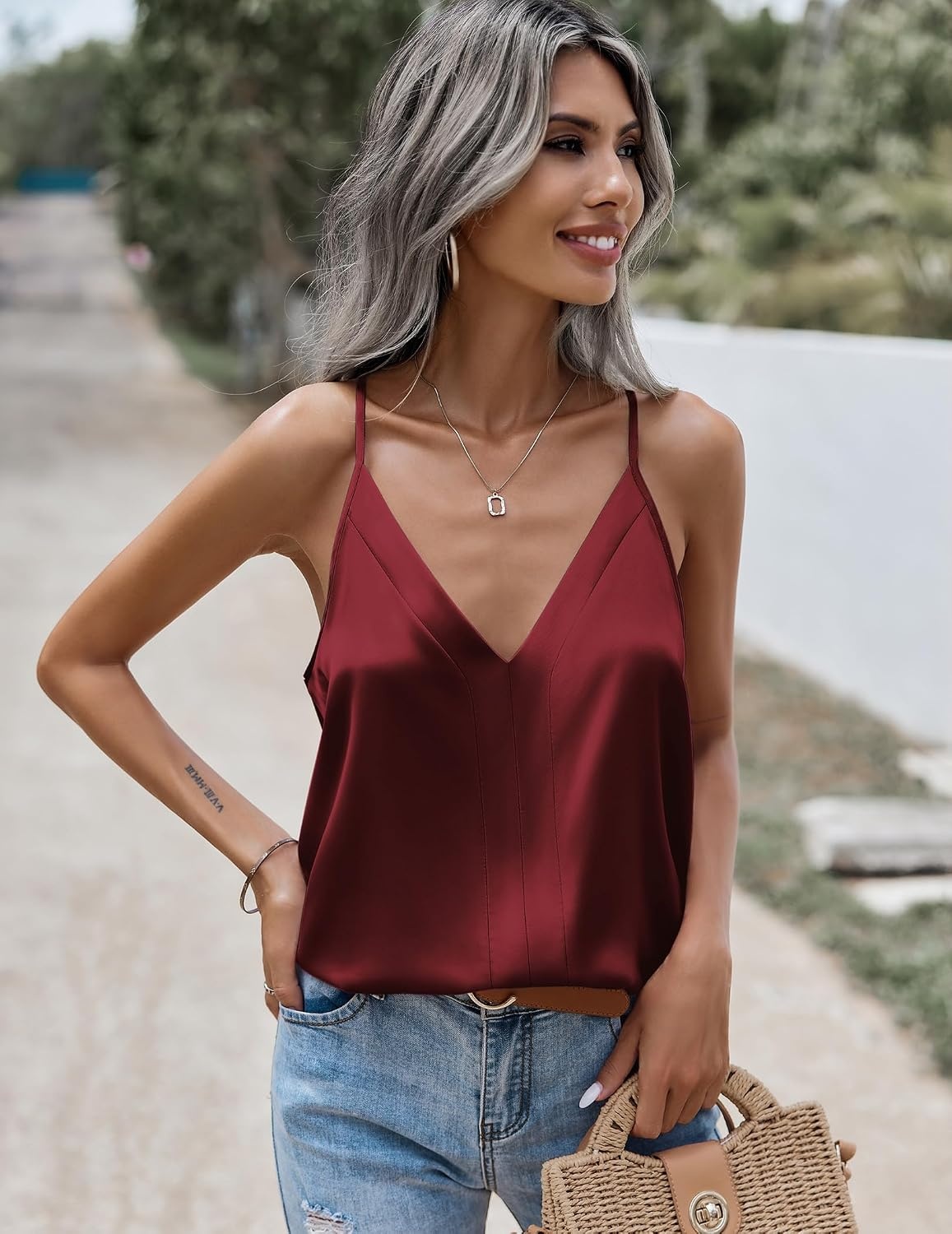 image:imageZeagoo Womens Silk Satin Tank Tops V Neck Sleeveless Blouse Camisole TopWine Red