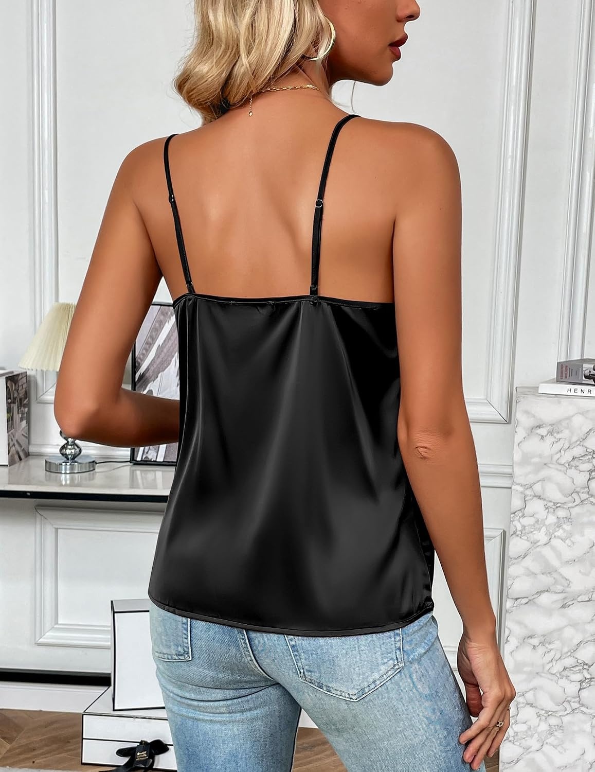 image:imageZeagoo Womens Silk Satin Tank Tops V Neck Sleeveless Camisole Basic Blouse2 Pack Whiteblack