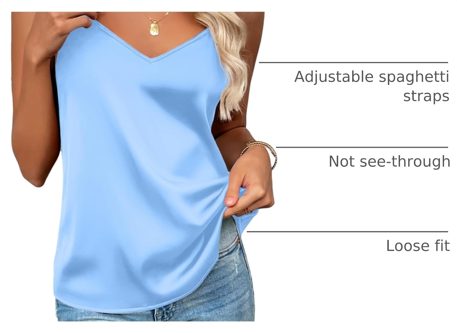 image:imageZeagoo Womens Silk Satin Tank Tops V Neck Sleeveless Camisole Basic BlouseLight Blue