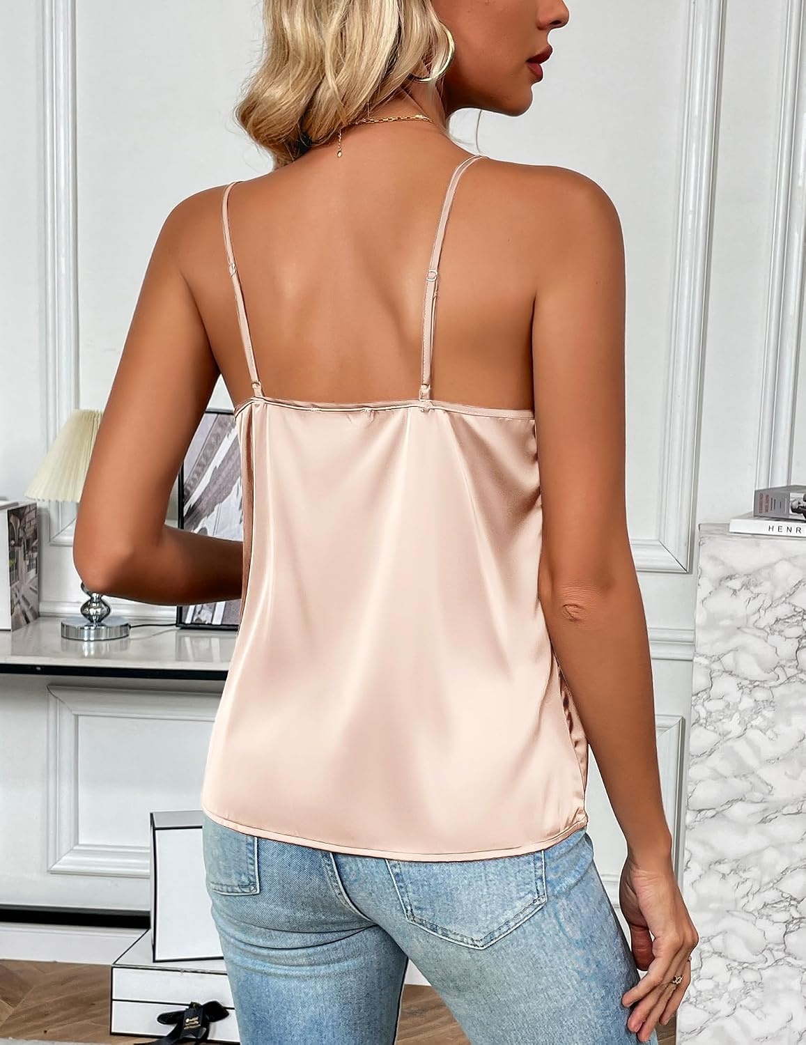 image:imageZeagoo Womens Silk Satin Tank Tops V Neck Sleeveless Camisole Basic BlouseLight Champagne