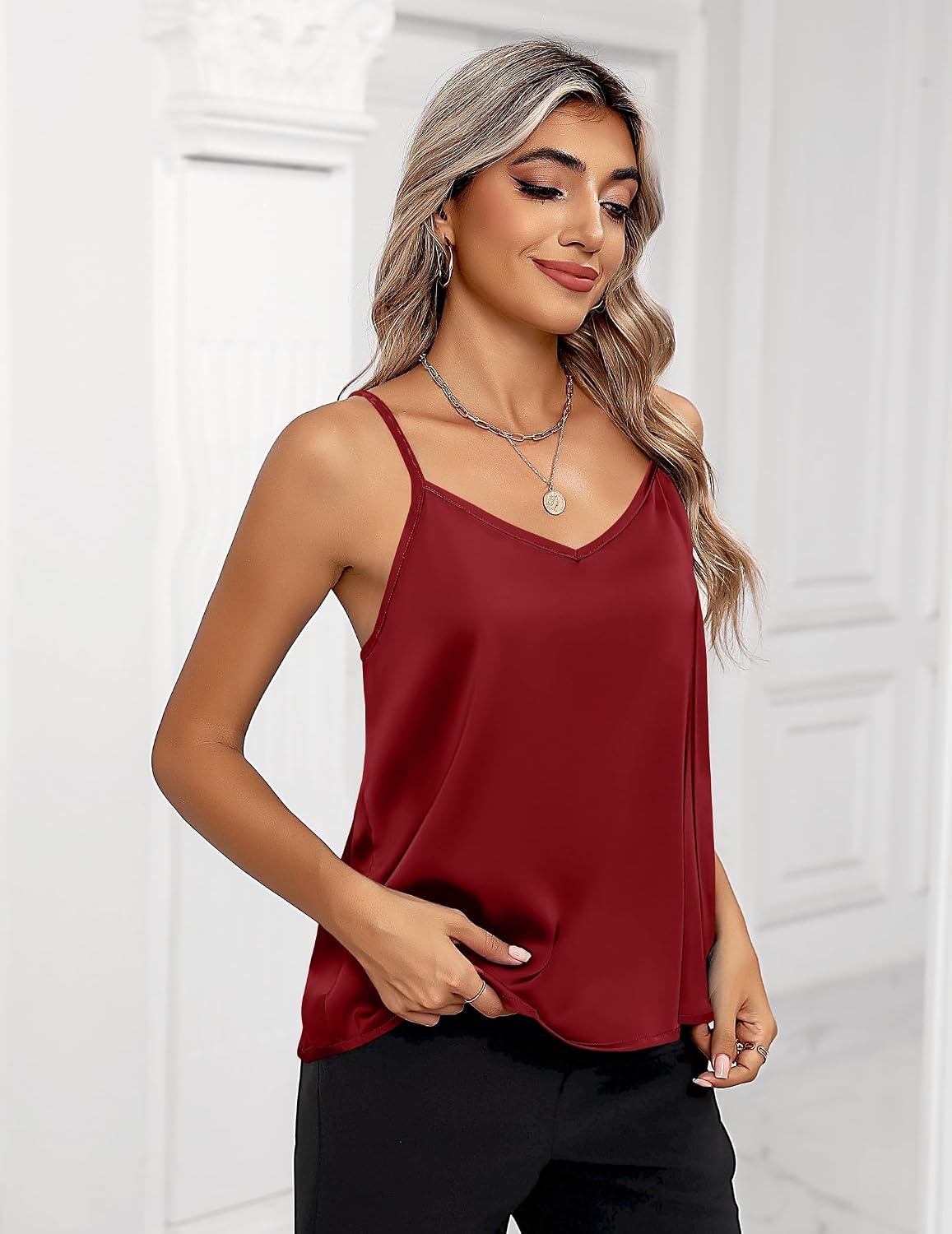 image:imageZeagoo Womens Silk Satin Tank Tops V Neck Sleeveless Camisole Basic BlouseRed