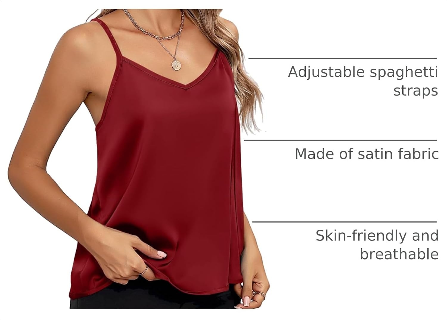 image:imageZeagoo Womens Silk Satin Tank Tops V Neck Sleeveless Camisole Basic BlouseRed