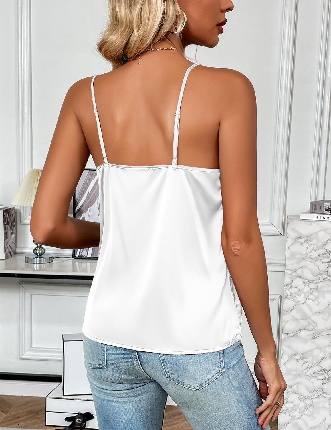 image:imageZeagoo Womens Silk Satin Tank Tops V Neck Sleeveless Camisole Basic BlouseWhite