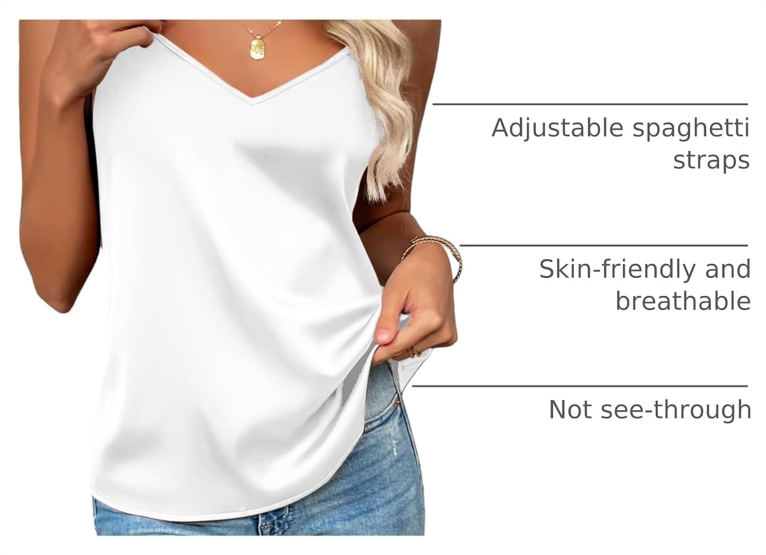 image:imageZeagoo Womens Silk Satin Tank Tops V Neck Sleeveless Camisole Basic BlouseWhite