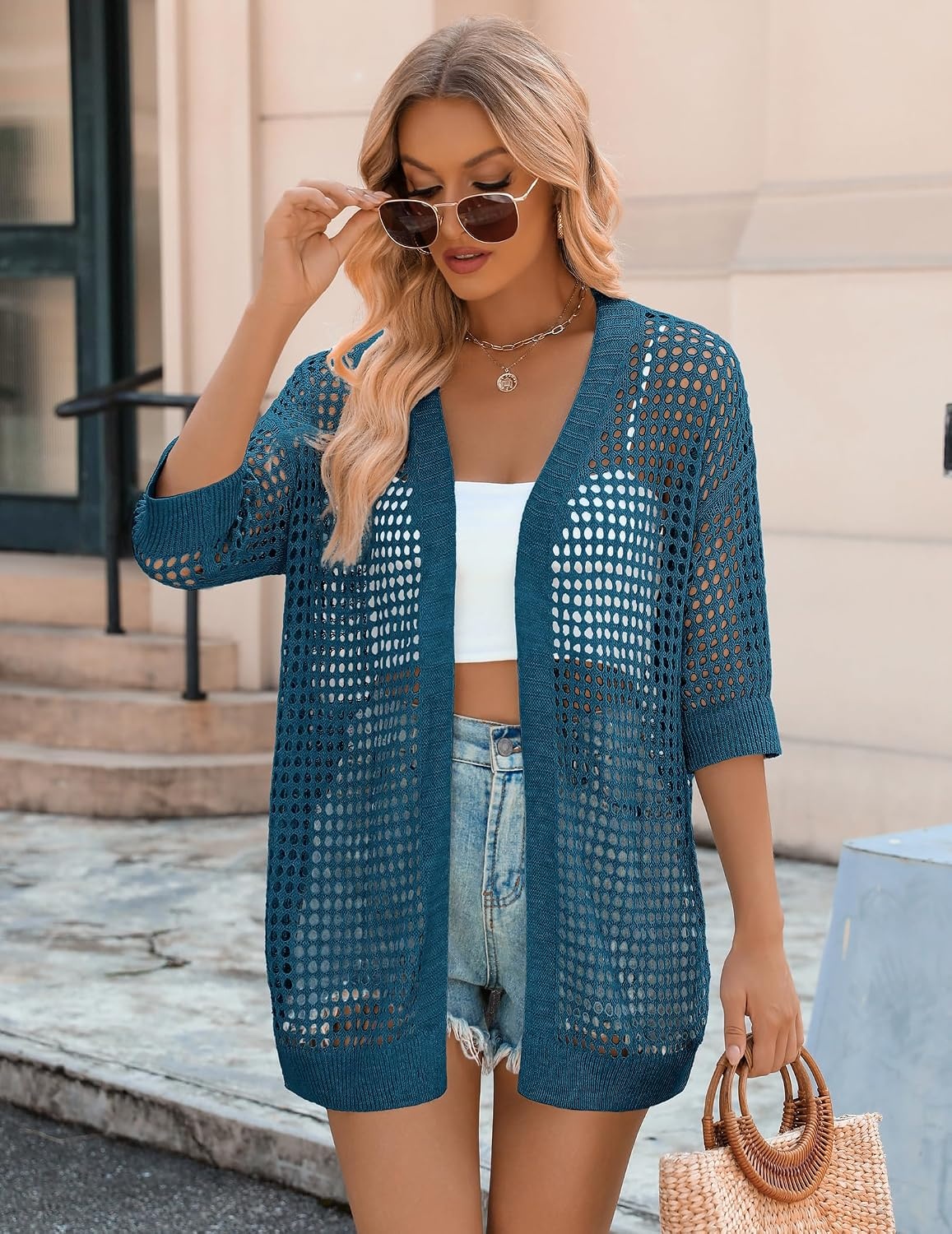 image:imageZeagoo Womens Summer Crochet Cardigan Boho Kimono Oversized Sweater Tops02 Lake Blue