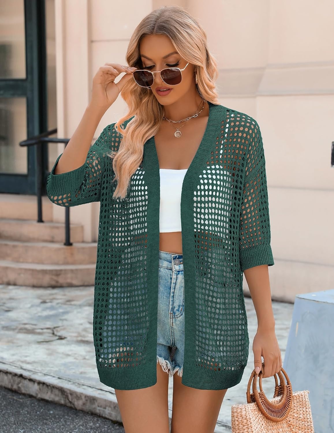 image:imageZeagoo Womens Summer Crochet Cardigan Boho Kimono Oversized Sweater TopsGreen