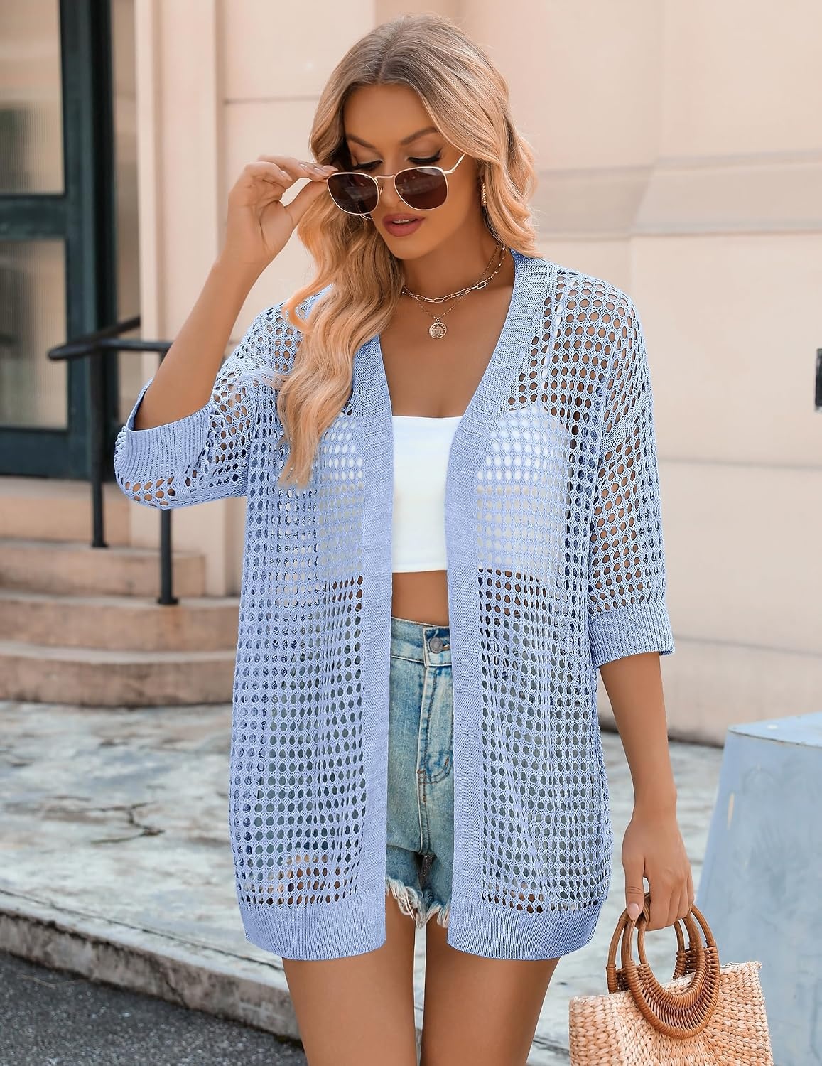 image:imageZeagoo Womens Summer Crochet Cardigan Boho Kimono Oversized Sweater TopsLight Blue