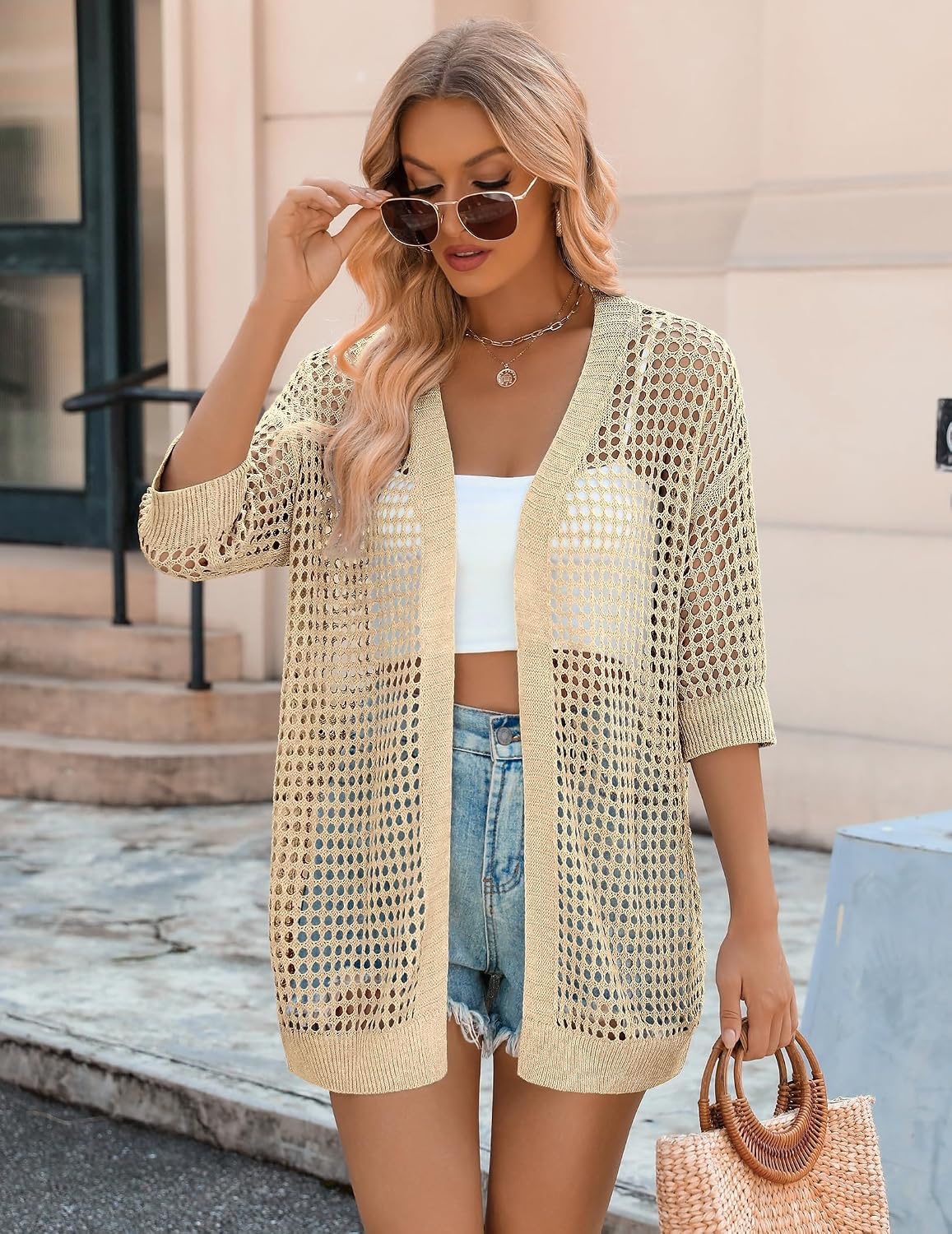 image:imageZeagoo Womens Summer Crochet Cardigan Boho Kimono Oversized Sweater TopsLight Khaki