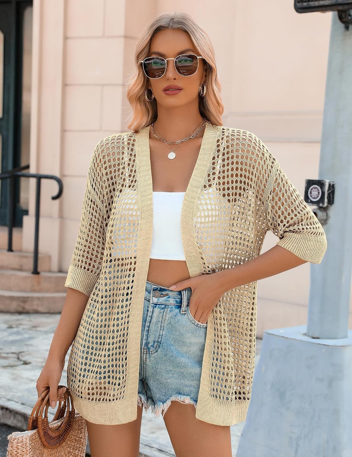 image:imageZeagoo Womens Summer Crochet Cardigan Boho Kimono Oversized Sweater TopsLight Khaki