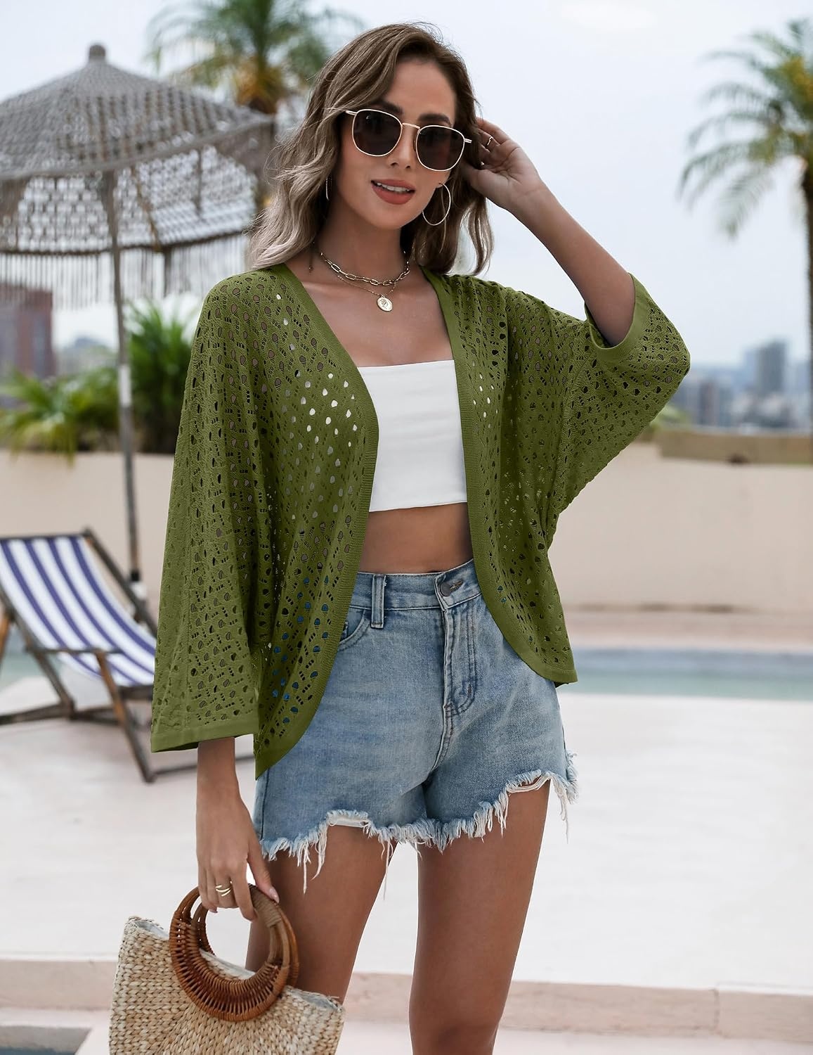 image:imageZeagoo Womens Summer Crochet Cardigan Sweaters 34 Sleeve Batwing KimonoArmy Green