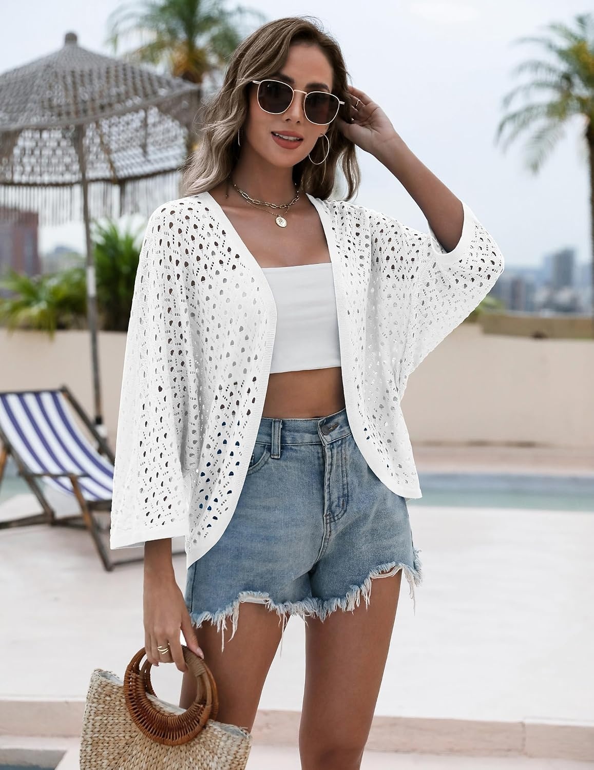 image:imageZeagoo Womens Summer Crochet Cardigan Sweaters 34 Sleeve Batwing KimonoAwhite