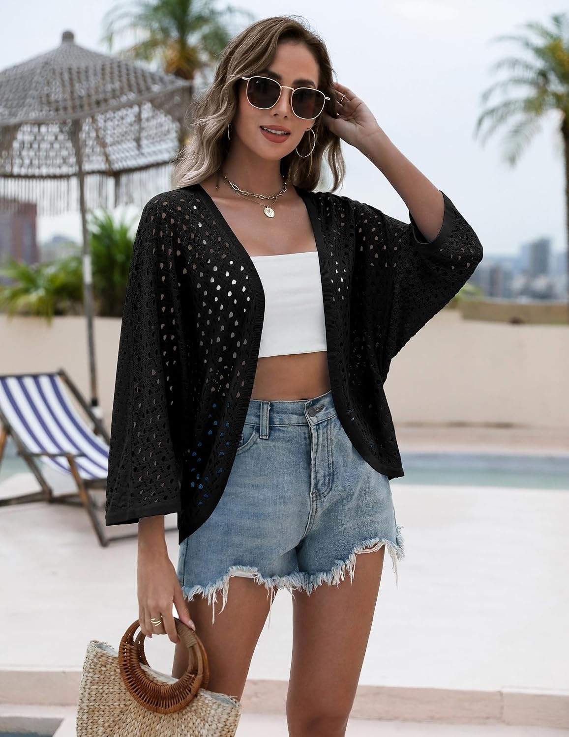 image:imageZeagoo Womens Summer Crochet Cardigan Sweaters 34 Sleeve Batwing KimonoBlack