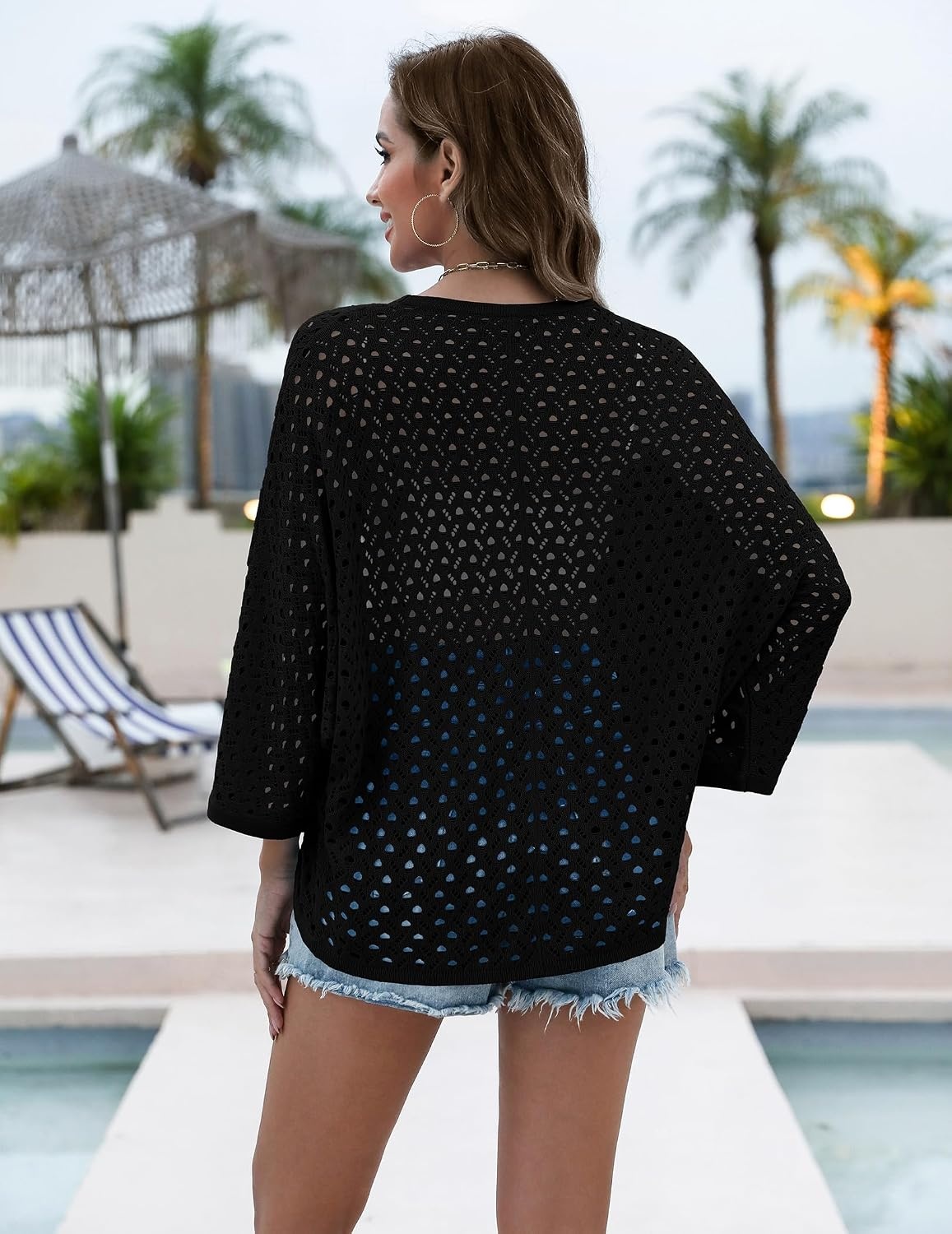 image:imageZeagoo Womens Summer Crochet Cardigan Sweaters 34 Sleeve Batwing KimonoBlack