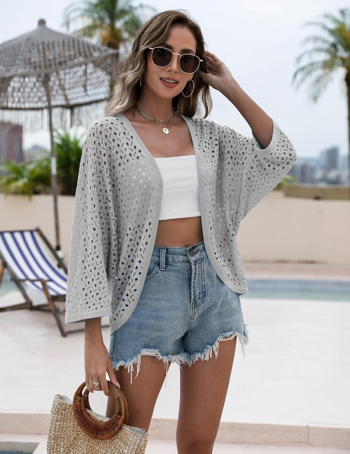 image:imageZeagoo Womens Summer Crochet Cardigan Sweaters 34 Sleeve Batwing KimonoGrey