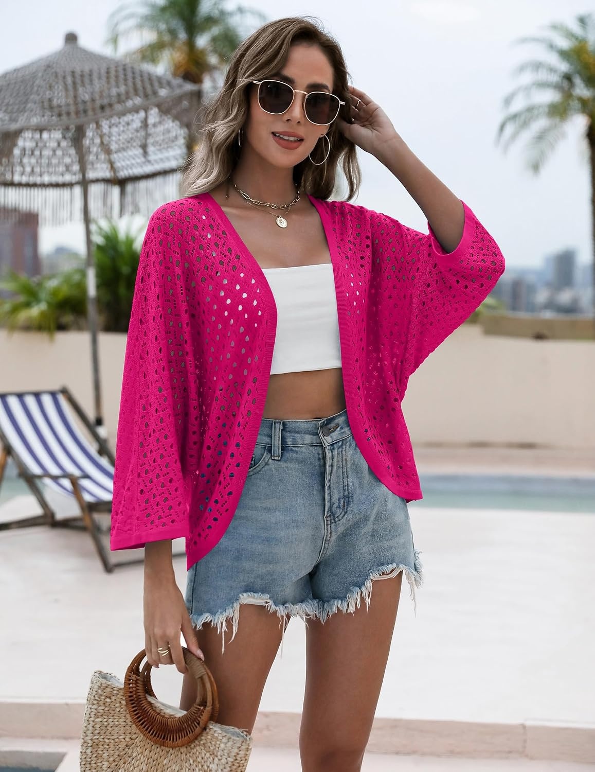 image:imageZeagoo Womens Summer Crochet Cardigan Sweaters 34 Sleeve Batwing KimonoHot Pink