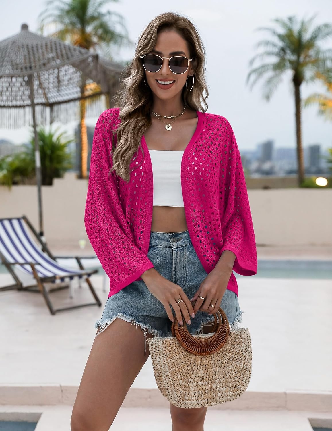 image:imageZeagoo Womens Summer Crochet Cardigan Sweaters 34 Sleeve Batwing KimonoHot Pink