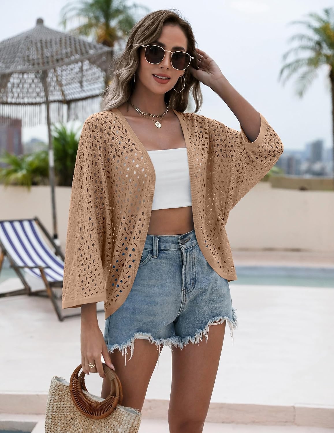image:imageZeagoo Womens Summer Crochet Cardigan Sweaters 34 Sleeve Batwing KimonoKhaki