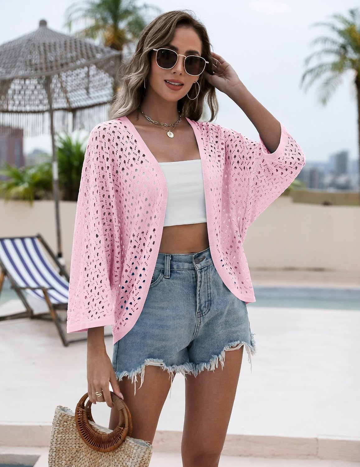image:imageZeagoo Womens Summer Crochet Cardigan Sweaters 34 Sleeve Batwing KimonoPink