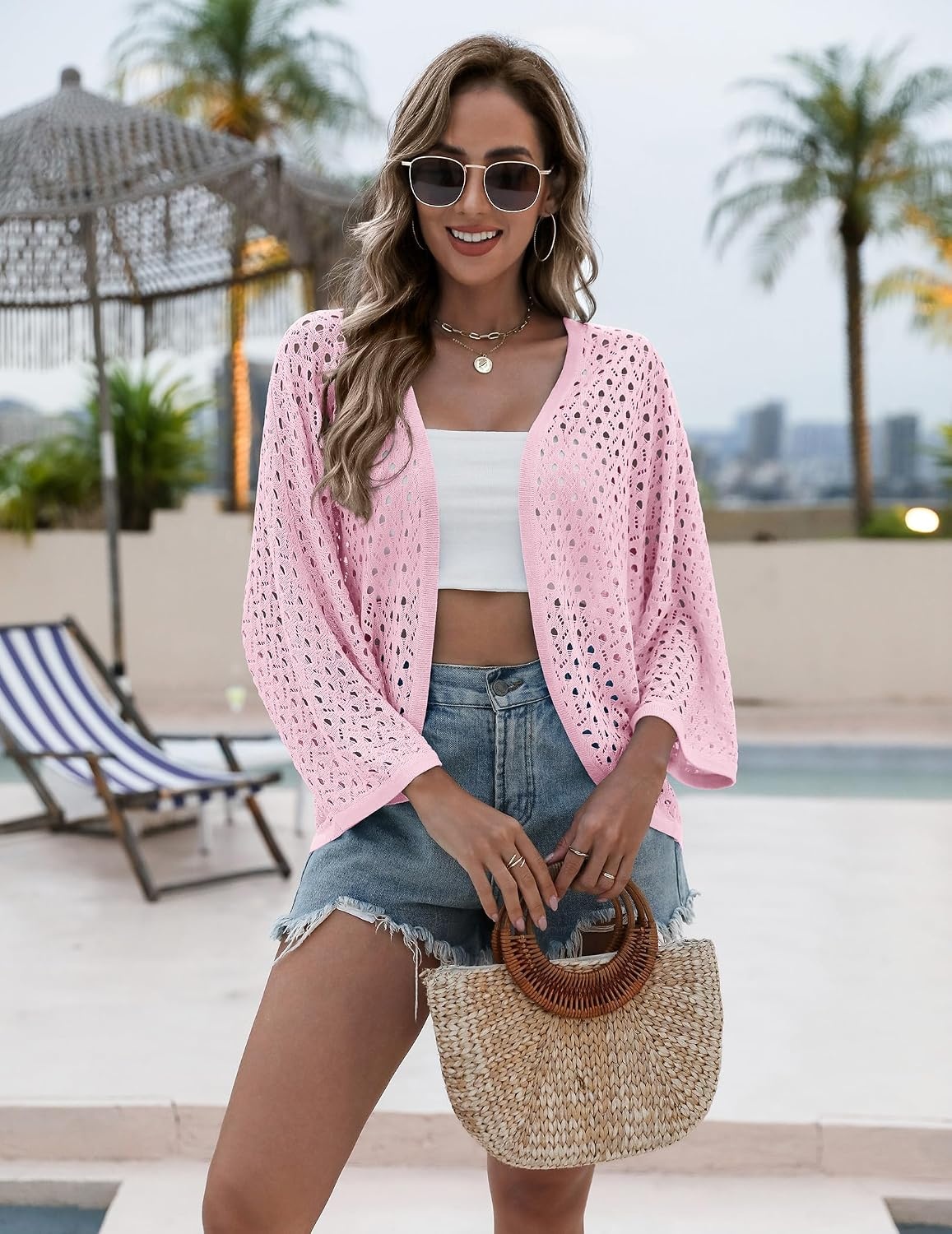image:imageZeagoo Womens Summer Crochet Cardigan Sweaters 34 Sleeve Batwing KimonoPink