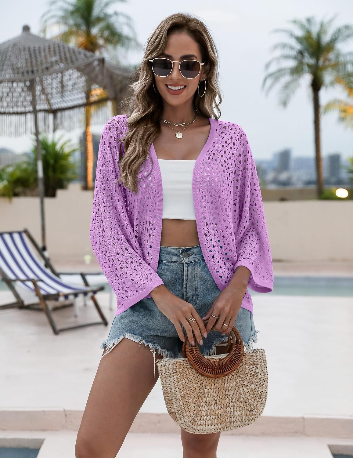 image:imageZeagoo Womens Summer Crochet Cardigan Sweaters 34 Sleeve Batwing KimonoPurple