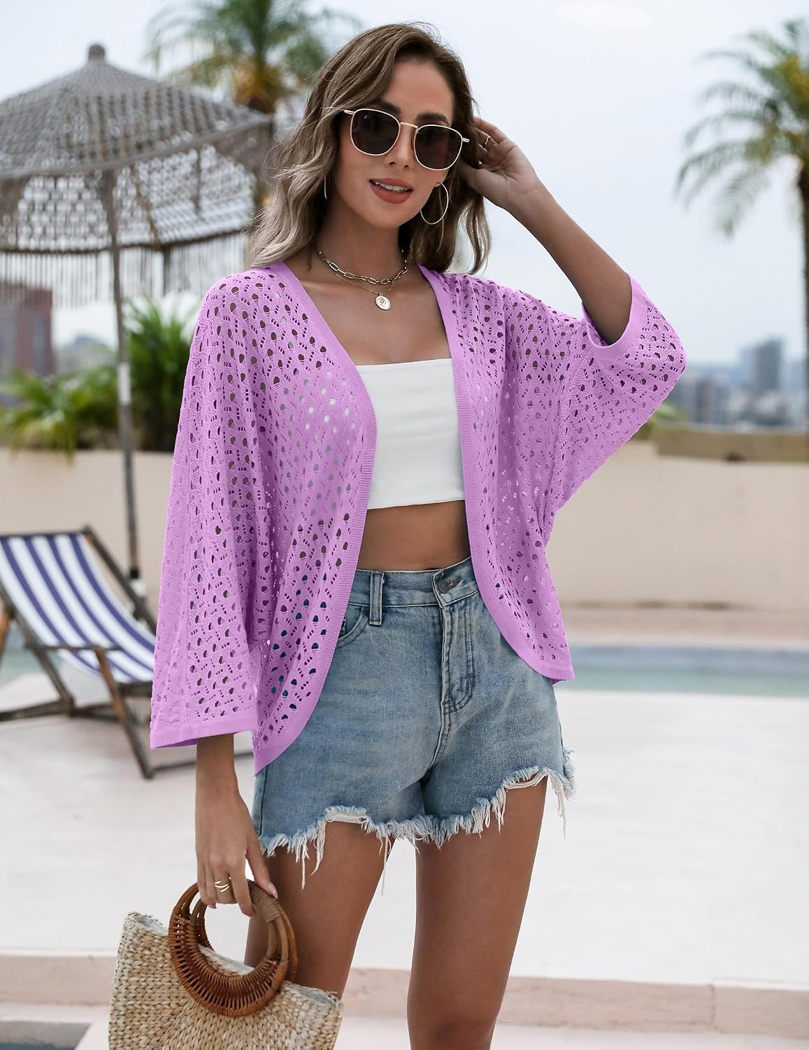 image:imageZeagoo Womens Summer Crochet Cardigan Sweaters 34 Sleeve Batwing KimonoPurple
